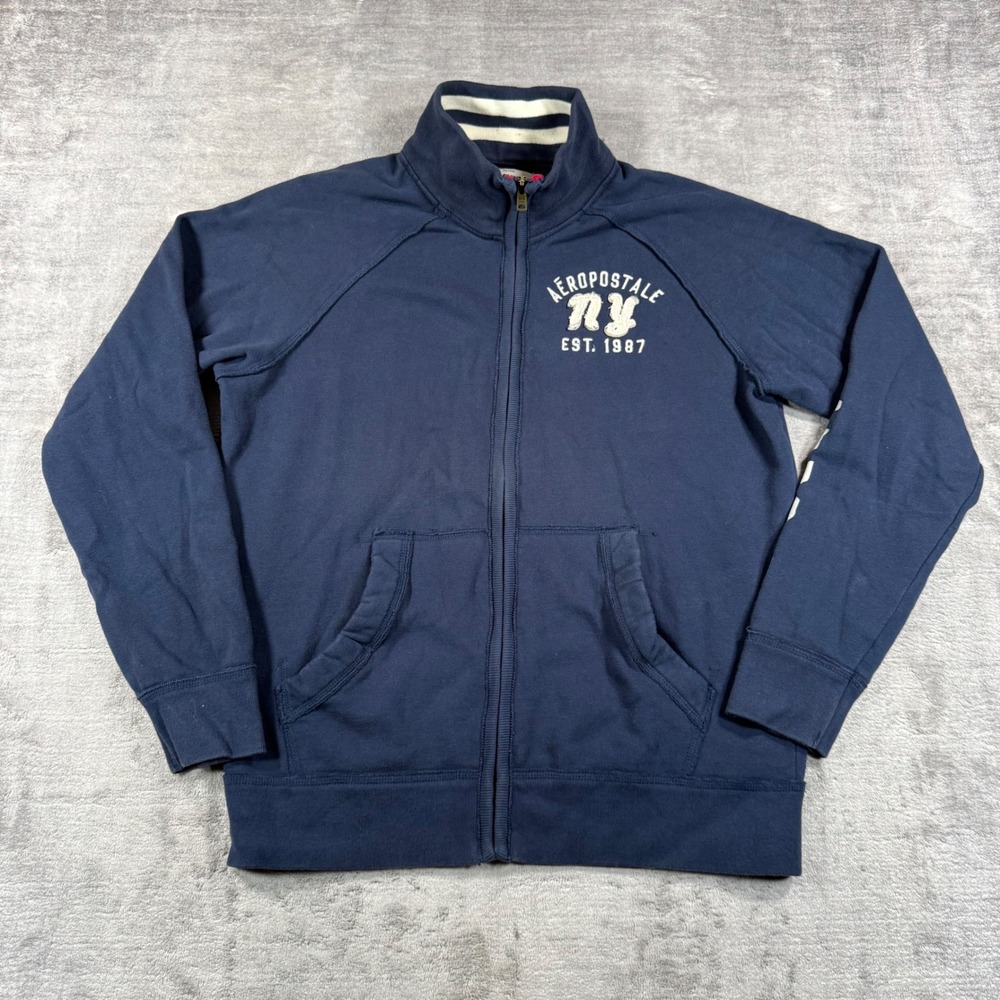 Aeropostale Sweatshirt Mens Large Blue Full Zip Graphic Logo Mock Neck Track 87